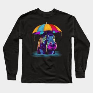 Hippo Rainy Day With Umbrella Long Sleeve T-Shirt